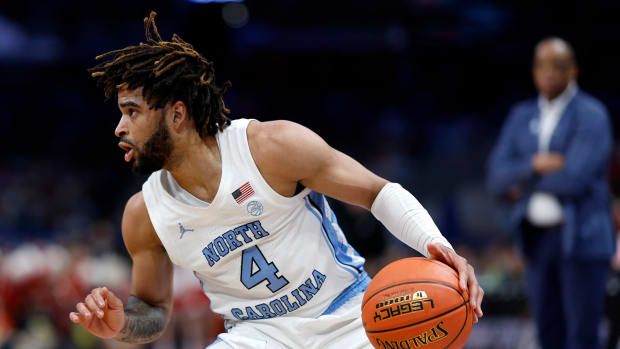 Mar 16, 2024; Washington, D.C., USA; North Carolina Tar Heels guard RJ Davis (4) dribbles the ball against the North Carolina State Wolfpack during the second half at Capital One Arena.